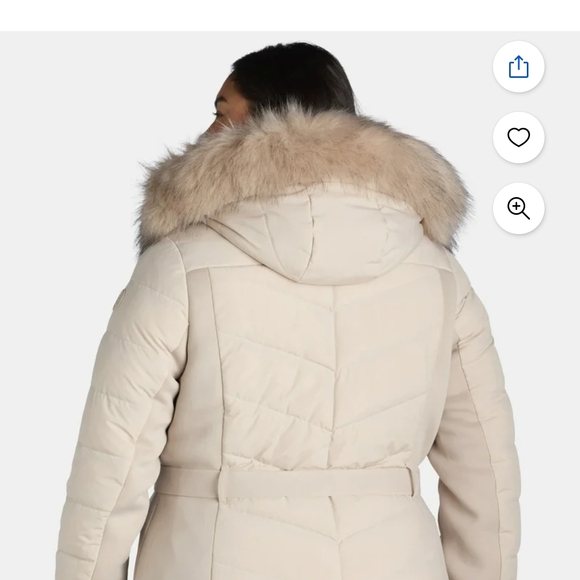Women's Cream Puffer Jacket with Faux Fur Hood - Picture 2 of 3